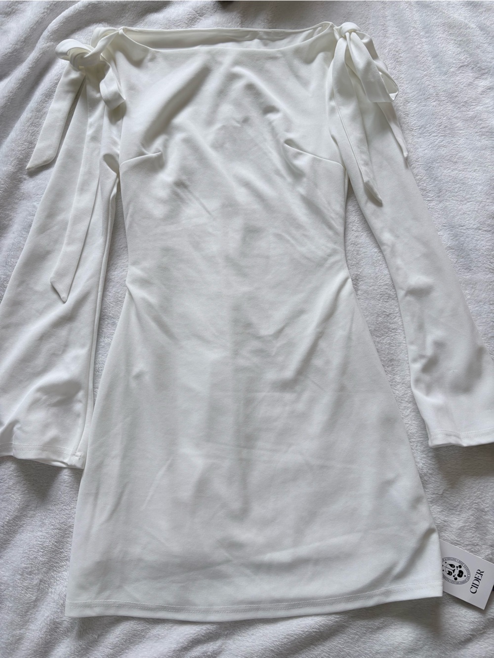 Cider White Satin Off-Shoulder Dress